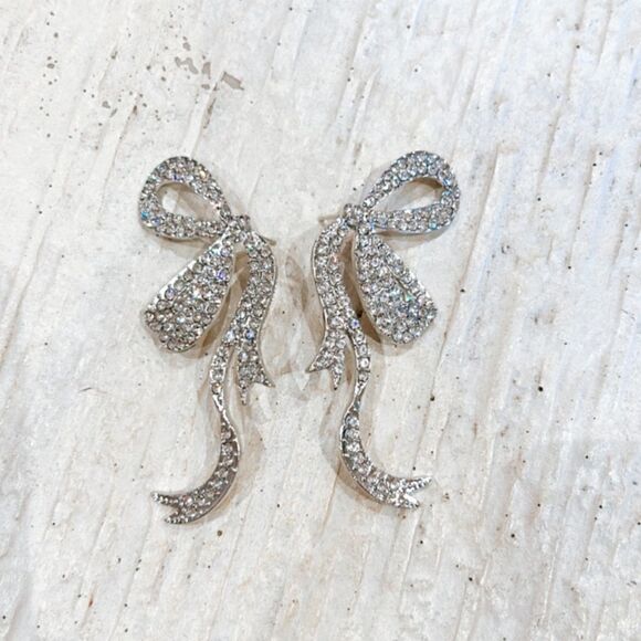 silver diamond bow earrings A208 - Picture 4 of 6